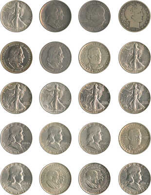 Подборка из 20 монет номиналом 1/2 доллара США 1893-1952 годов